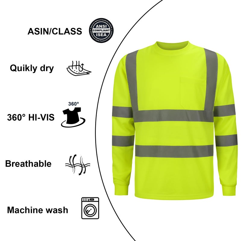 DPSAFETY High Visibility Class 3 T Shits, Hi vis Safety Shirts with Reflective Strips and Pocket, Long Sleeve Quick Dry Mesh Construction Work Shirt for Men/Women Lime.6XL - Image 3